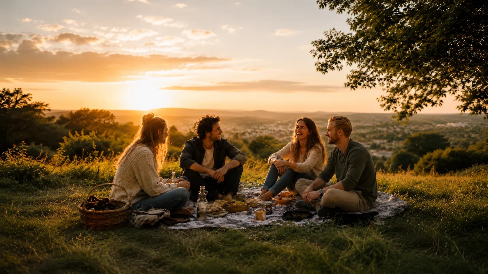 Vier Freunde sitzen bei Sonnenuntergang zusammen auf einer Picknickdecke über der Stadt