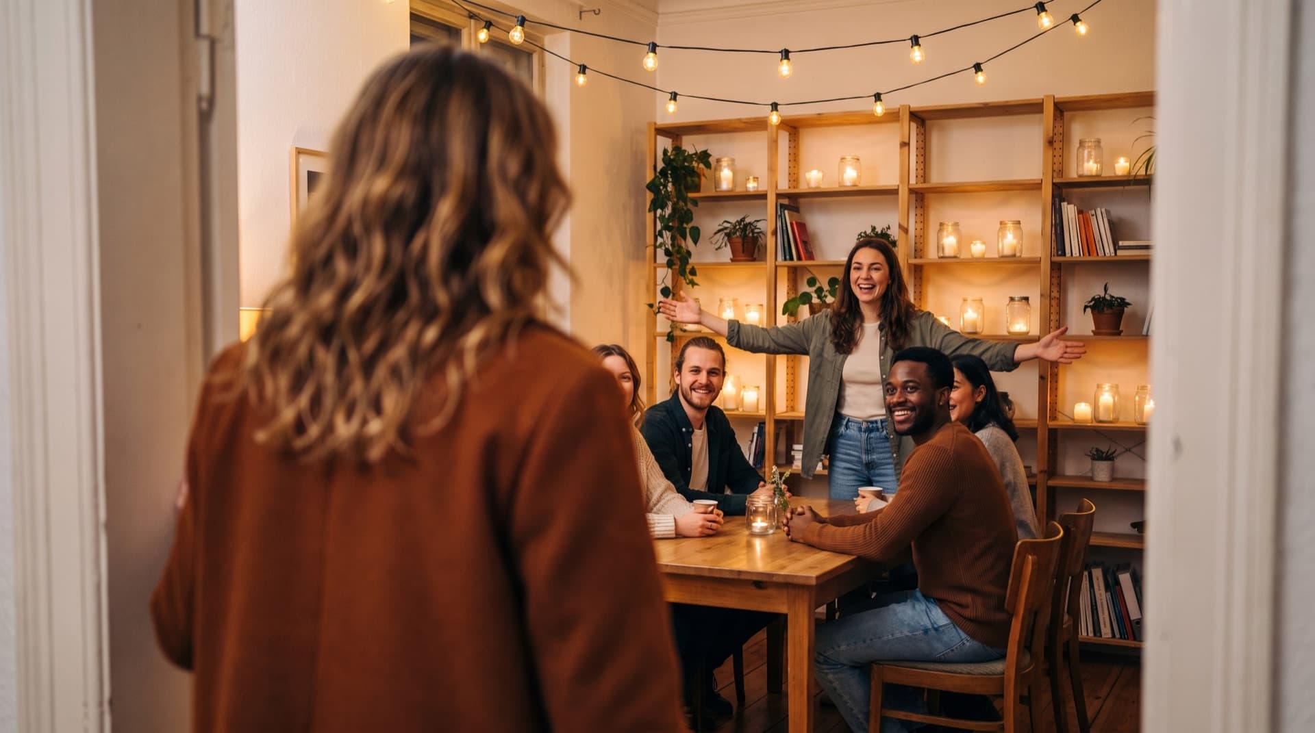 Eine kleine Runde im Café dreht sich lächelnd zur Tür, als die Frau hereinkommt